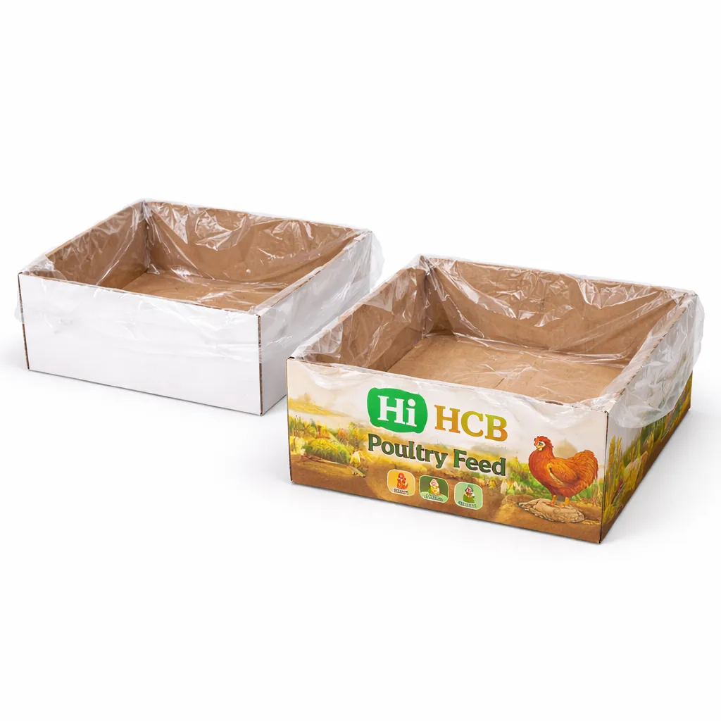 Two sturdy white two-piece boxes with lids, including one featuring custom green poultry branding. class=